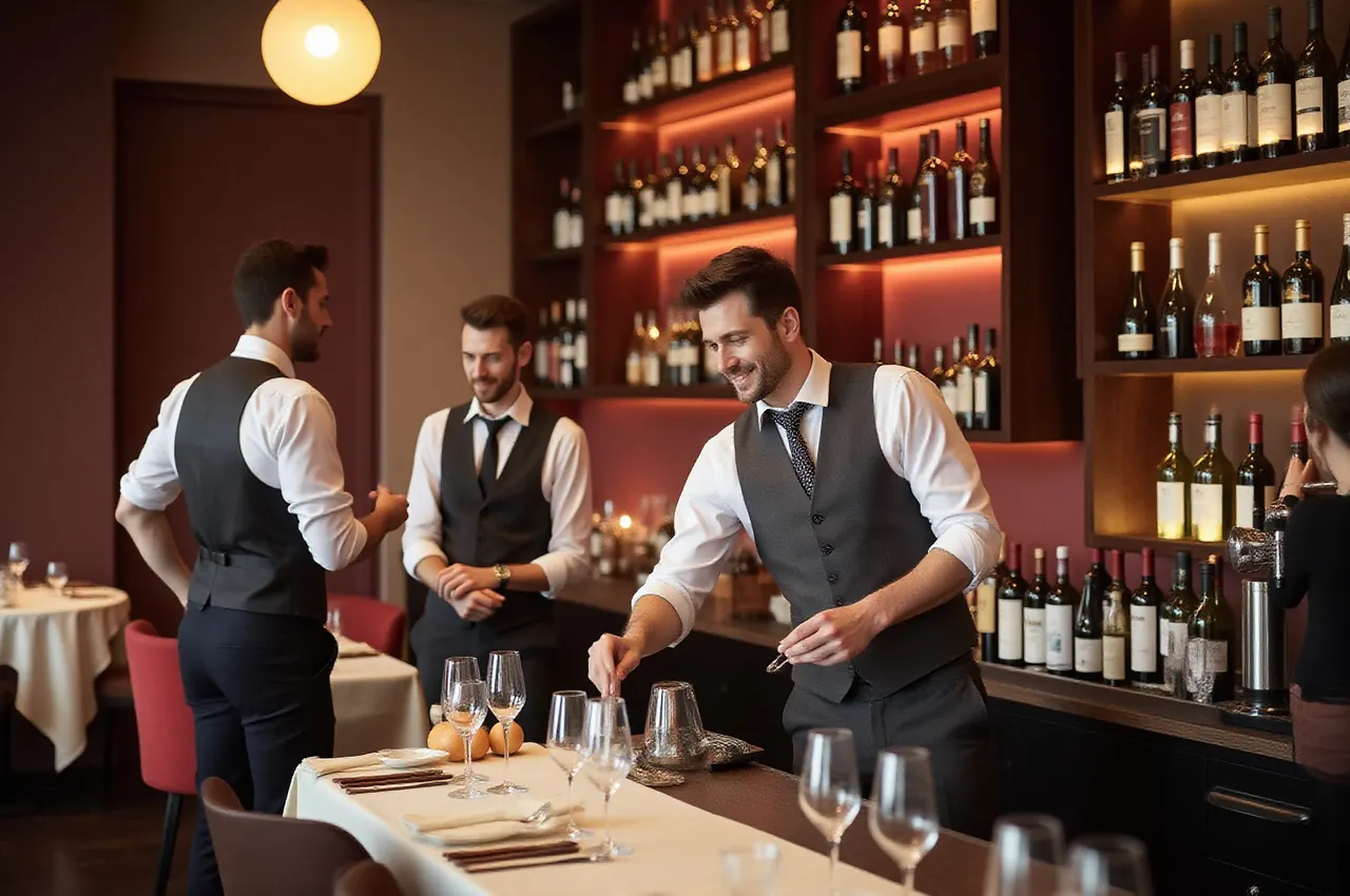 Barman w kamizelce przygotowuje napoje za długim barem z podświetlonymi butelkami, w tle rozmawiający goście