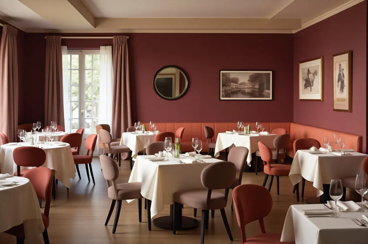 Pusta sala restauracyjna przed otwarciem, stoły nakryte kremowymi obrusami, śliwkowe ściany